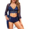 imageRSLOVE Women Sexy Lingerie Set  3 Piece Lace Bra and Panty Sets with Mesh Kimono Robe Nightgown SleepwearNavy Blue