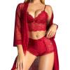 imageRSLOVE Women Sexy Lingerie Set  3 Piece Lace Bra and Panty Sets with Mesh Kimono Robe Nightgown SleepwearWine Red