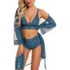 imageRSLOVE Women Sexy Lingerie Set 3 Piece Lace Kimono Robe with Bra and Panty Sheer SleepwearBlue Green