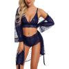 imageRSLOVE Women Sexy Lingerie Set 3 Piece Lace Kimono Robe with Bra and Panty Sheer SleepwearNavy Blue