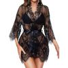 imageRSLOVE Womens Lace Kimono Robe Sexy Babydoll Lingerie Mesh NightgownBlack