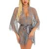 imageRSLOVE Womens Lace Kimono Robe Sexy Babydoll Lingerie Mesh NightgownGrey