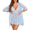 imageWomen Sexy Lingerie Set 3 Piece Babydoll ampamp Lace Kimono Robe Strap Chemise Nightgown Mesh SleepwearLight Blue