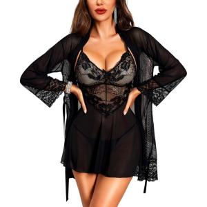 imageRSLOVE Lingerie Sets for Women Sexy  3 Piece Babydoll and Lace Kimono Robe Chemise Mesh Nightgown SleepwearBlack
