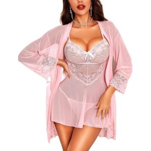 imageRSLOVE Lingerie Sets for Women Sexy  3 Piece Babydoll and Lace Kimono Robe Chemise Mesh Nightgown SleepwearPink