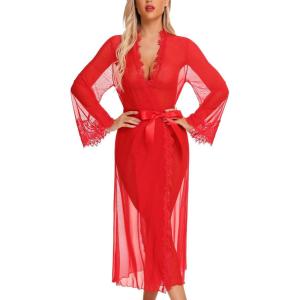 imageRSLOVE Lingerie for Women Sexy Long Lace Kimono Robe Mesh Chemise Lace Gown Swimsuit Cover UpRed