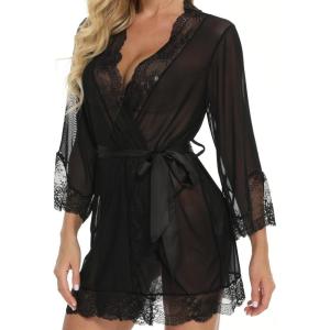imageRSLOVE Women Lace Kimono Robe Babydoll Chemise Lingerie Bride Robe for Wedding PartyBlack