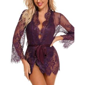 imageRSLOVE Women Sexy Bridal Lingerie Set 2 Piece Lace Robe With Sheer Teddy Babydoll BodysuitPurple