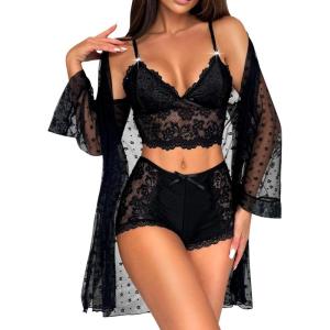 imageRSLOVE Women Sexy Lingerie Set  3 Piece Lace Bra and Panty Sets with Mesh Kimono Robe Nightgown SleepwearBlack