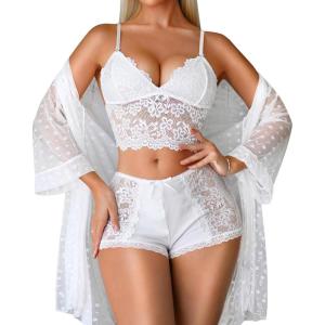 imageRSLOVE Women Sexy Lingerie Set  3 Piece Lace Bra and Panty Sets with Mesh Kimono Robe Nightgown SleepwearWhite