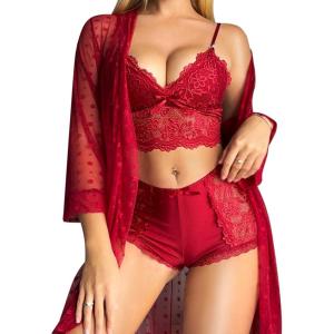 imageRSLOVE Women Sexy Lingerie Set  3 Piece Lace Bra and Panty Sets with Mesh Kimono Robe Nightgown SleepwearWine Red