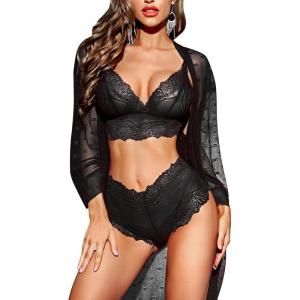 imageRSLOVE Women Sexy Lingerie Set 3 Piece Lace Kimono Robe with Bra and Panty Sheer SleepwearBlack