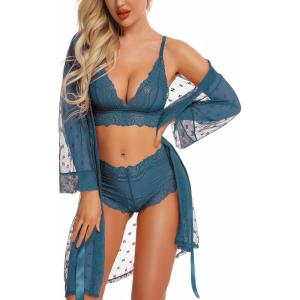 imageRSLOVE Women Sexy Lingerie Set 3 Piece Lace Kimono Robe with Bra and Panty Sheer SleepwearBlue Green