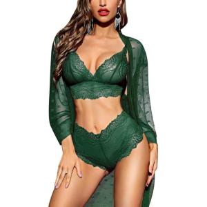 imageRSLOVE Women Sexy Lingerie Set 3 Piece Lace Kimono Robe with Bra and Panty Sheer SleepwearGreen