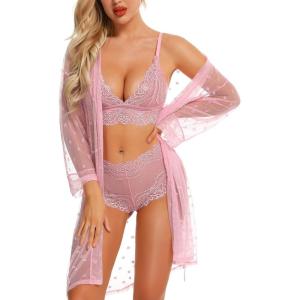 imageRSLOVE Women Sexy Lingerie Set 3 Piece Lace Kimono Robe with Bra and Panty Sheer SleepwearPink