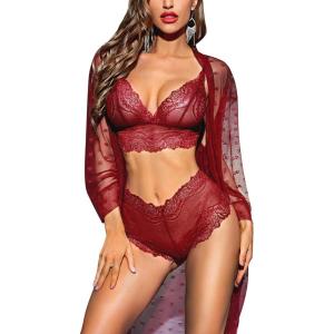 imageRSLOVE Women Sexy Lingerie Set 3 Piece Lace Kimono Robe with Bra and Panty Sheer SleepwearWine Red