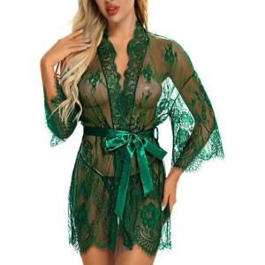 imageRSLOVE Womens Lace Kimono Robe Sexy Babydoll Lingerie Mesh NightgownDark Green