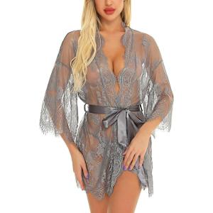 imageRSLOVE Womens Lace Kimono Robe Sexy Babydoll Lingerie Mesh NightgownGrey