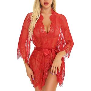 imageRSLOVE Womens Lace Kimono Robe Sexy Babydoll Lingerie Mesh NightgownRed