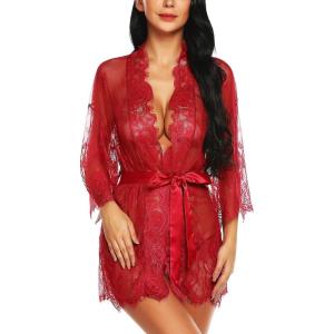 imageRSLOVE Womens Lace Kimono Robe Sexy Babydoll Lingerie Mesh NightgownWine Red