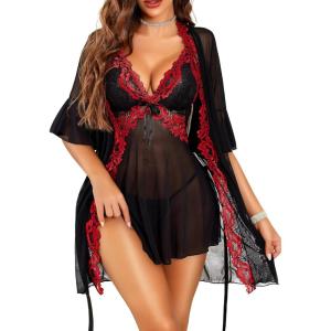 imageWomen Sexy Lingerie Set 3 Piece Babydoll ampamp Lace Kimono Robe Strap Chemise Nightgown Mesh SleepwearBlackred