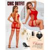 imageRSLOVE Babydoll Lingerie for Women Chemise  Fishnet Bodysuit Womens Sleepwear with Stocking Sexy Dress Bodystocking One SizeRed