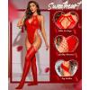 imageRSLOVE Sexy Lingerie Sets for Women Fishnet Bodystocking Exotic Sparkle Rhinestone Mesh Bodysuit with Thigh High StockingsRed