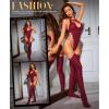 imageRSLOVE Sexy Lingerie Sets for Women Fishnet Bodystocking Exotic Sparkle Rhinestone Mesh Bodysuit with Thigh High StockingsWine Red