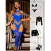 imageRSLOVE Women Fishnet Bodystocking Lingerie Sexy Footless Stockings Sleeveless Lace Bodysuit Halterneck One Piece PantyhoseBlue