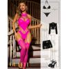 imageRSLOVE Women Fishnet Bodystocking Lingerie Sexy Footless Stockings Sleeveless Lace Bodysuit Halterneck One Piece PantyhoseNeon Pink