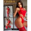 imageRSLOVE Women Fishnet Bodystocking Lingerie Sexy Footless Stockings Sleeveless Lace Bodysuit Halterneck One Piece PantyhoseRed