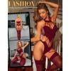 imageRSLOVE Women Fishnet Bodystocking Lingerie Sexy Footless Stockings Sleeveless Lace Bodysuit Halterneck One Piece PantyhoseWine Red