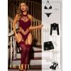 imageRSLOVE Women Fishnet Bodystocking Lingerie Sexy Footless Stockings Sleeveless Lace Bodysuit Halterneck One Piece PantyhoseWine Red