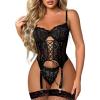 imageRSLOVE Sexy Lingerie Sets for Women Exotic Teddy with Garter Belt 2 Peice Lace Strappy Bodysuit BabydollBlack