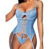 imageRSLOVE Sexy Lingerie Sets for Women Exotic Teddy with Garter Belt 2 Peice Lace Strappy Bodysuit BabydollLight Blue