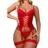 imageRSLOVE Sexy Lingerie Sets for Women Exotic Teddy with Garter Belt 2 Peice Lace Strappy Bodysuit BabydollRed