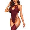 imageRSLOVE Sexy Lingerie Sets for Women Fishnet Bodystocking Exotic Sparkle Rhinestone Mesh Bodysuit with Thigh High StockingsWine Red