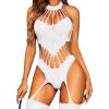 imageRSLOVE Women Fishnet Bodystocking Lingerie Sexy Footless Stockings Sleeveless Lace Bodysuit Halterneck One Piece PantyhoseWhite
