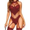 imageRSLOVE Women Fishnet Bodystocking Lingerie Sexy Footless Stockings Sleeveless Lace Bodysuit Halterneck One Piece PantyhoseWine Red