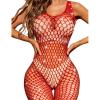 imageRSLOVE Womens Lingerie Fishnet Bodystocking Sparkle Rhinestone Mesh Tights One Piece Teddy LingerieRed