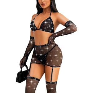 imageRSLOVE Lingerie Sets for Women  Fishnet Lingerie Sparkle Rhinestone 5 Piece Lingerie Sets Mesh Babydoll with GarterBlack