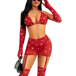 imageRSLOVE Lingerie Sets for Women  Fishnet Lingerie Sparkle Rhinestone 5 Piece Lingerie Sets Mesh Babydoll with GarterRed
