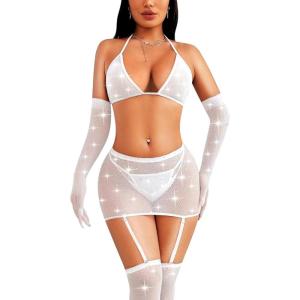imageRSLOVE Lingerie Sets for Women  Fishnet Lingerie Sparkle Rhinestone 5 Piece Lingerie Sets Mesh Babydoll with GarterWhite