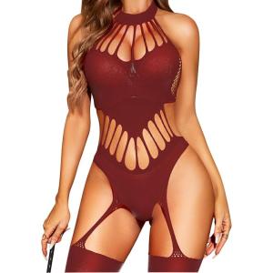 imageRSLOVE Women Fishnet Bodystocking Lingerie Sexy Footless Stockings Sleeveless Lace Bodysuit Halterneck One Piece PantyhoseWine Red