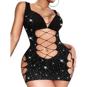 imageRSLOVE Womens Fishnet Lingerie Mesh Chemise Babydoll Bodysuit Lace Smock Lingerie for WomenBlack