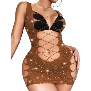imageRSLOVE Womens Fishnet Lingerie Mesh Chemise Babydoll Bodysuit Lace Smock Lingerie for WomenBrown