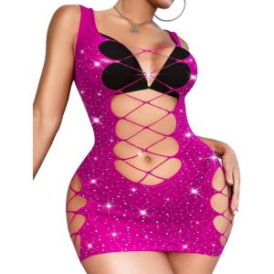 imageRSLOVE Womens Fishnet Lingerie Mesh Chemise Babydoll Bodysuit Lace Smock Lingerie for WomenDark Pink