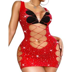 imageRSLOVE Womens Fishnet Lingerie Mesh Chemise Babydoll Bodysuit Lace Smock Lingerie for WomenRed