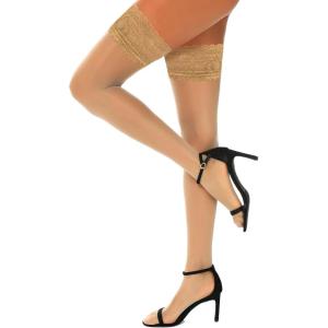 imageRSLOVE Lace Top Thigh High Stockings with Antiskid Silicone Stay Up Silky Semi Sheer Pantyhose Sexy Lingerie for WomenBeige