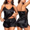 imageRSLOVE Women Pajama Set Sleepwear  Satin Pajamas Silk V Neck Cami and Shorts Pjs 2 Piece Womens Sexy Lace Lounge NightwearBlack